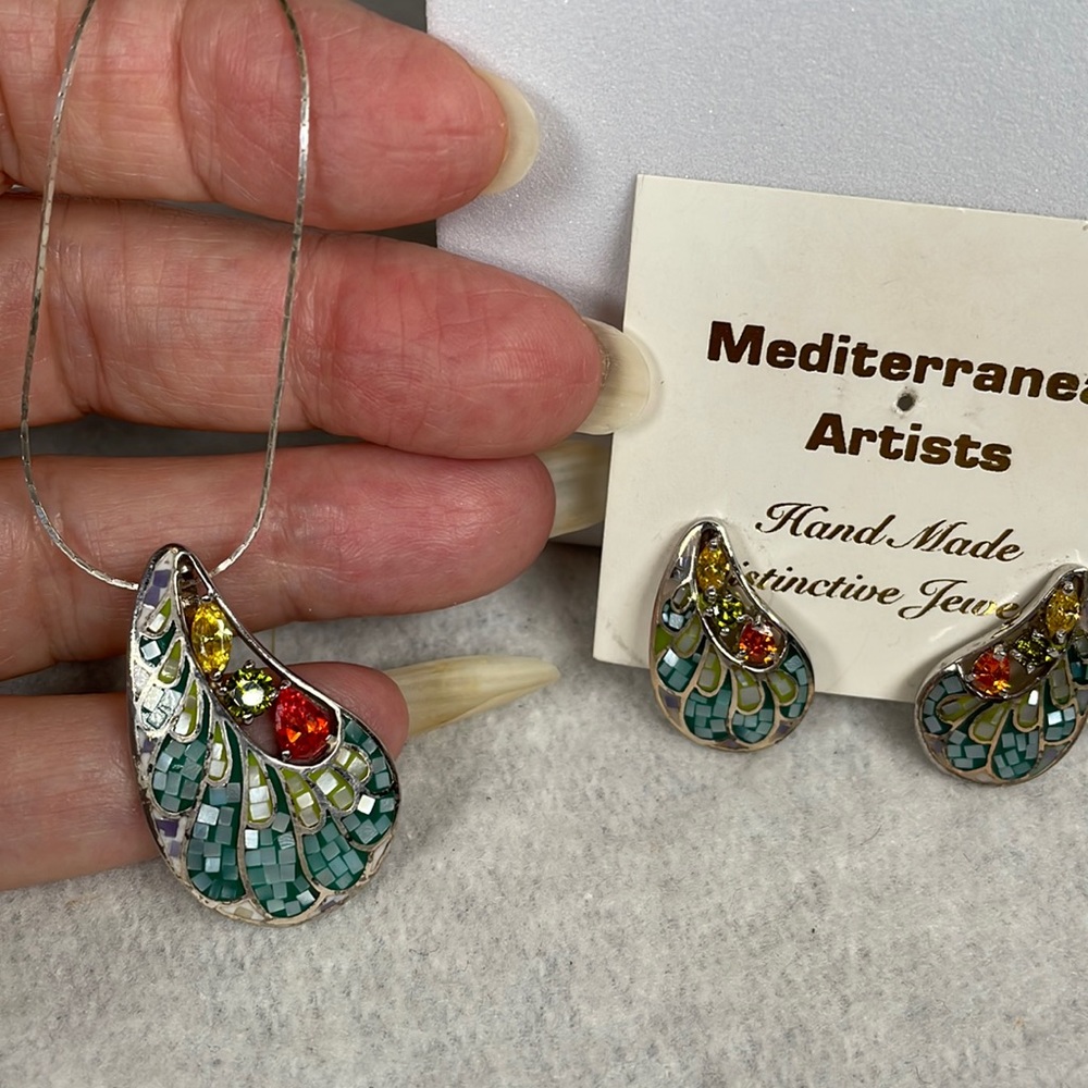Mediterranean Artists Necklace And Earring Set Mosaic Mother of Pearl Sterling